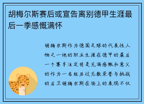 胡梅尔斯赛后或宣告离别德甲生涯最后一季感慨满怀